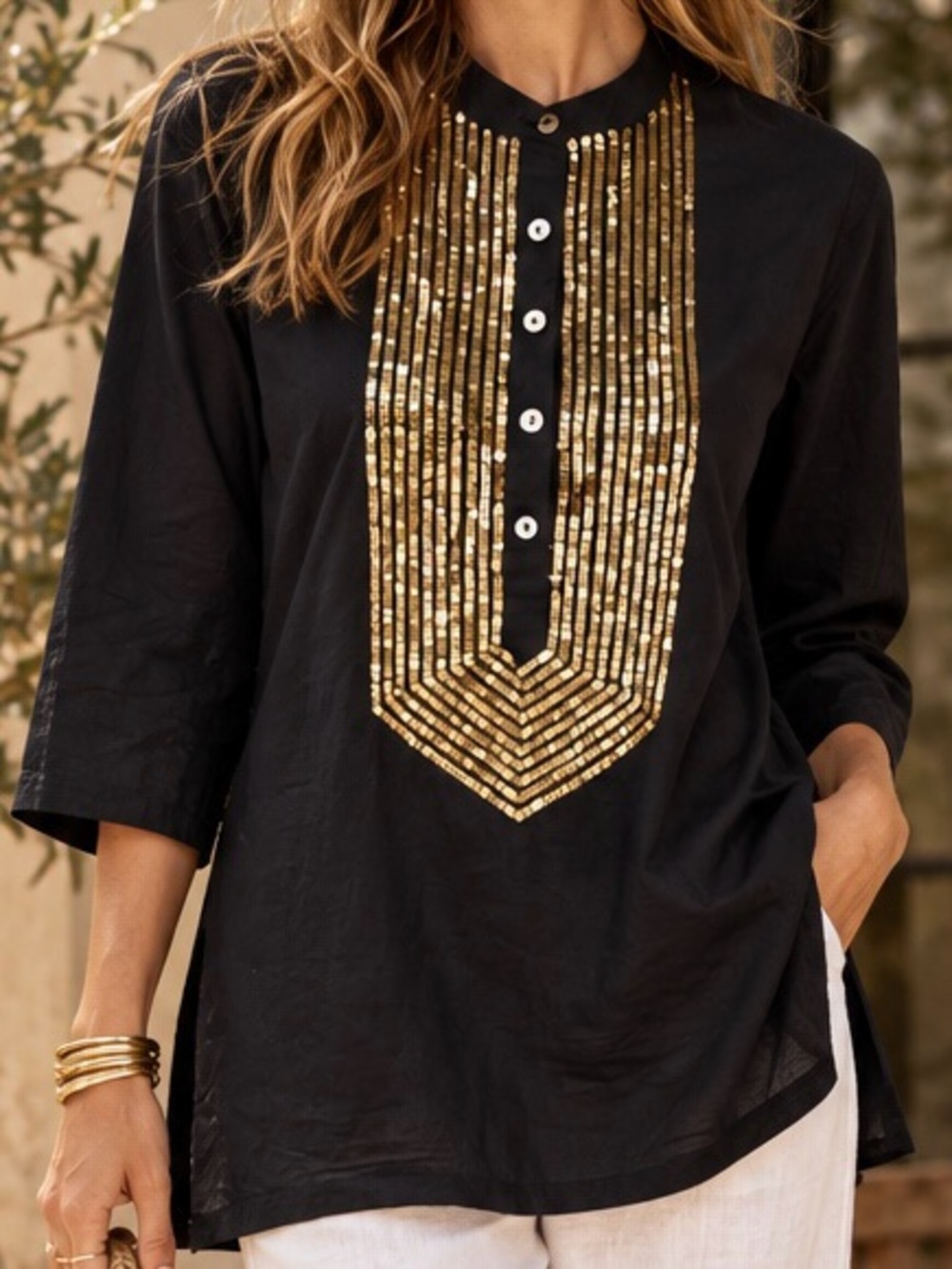 Figue Black Cotton Half-Button Gold Sequin Accented Tunic Size XS